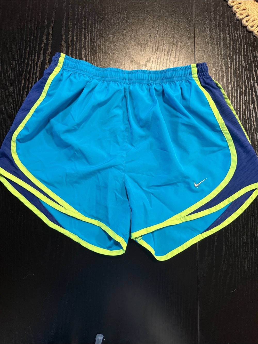 Nike Women's Teal Blue Running Shorts with Neon Yellow Trim